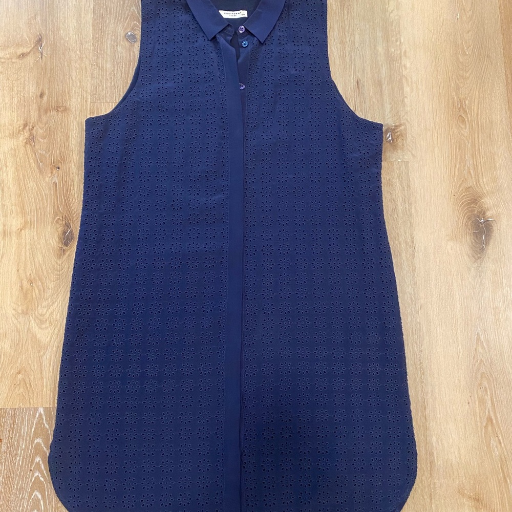 Equipment Femme 100% Silk Eyelet Navy Collared Dress Size M